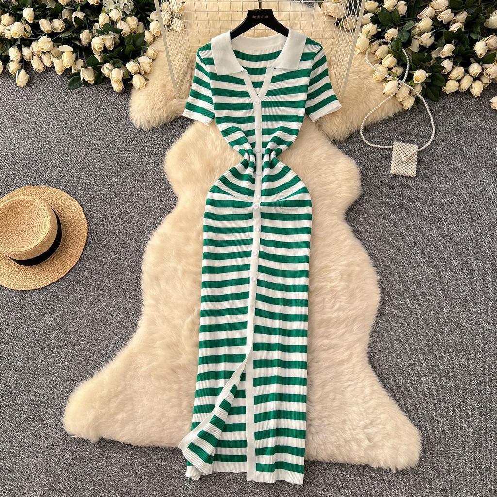 Women's Striped Knit Polo Collar Button Front Midi Dress Short Sleeve Slim Fit Bodycon Casual Dress