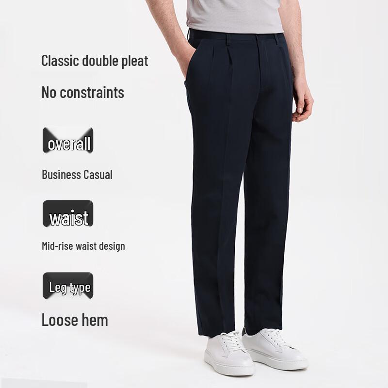 Langdeng Men's Double Pleat Cotton Business Casual Pants