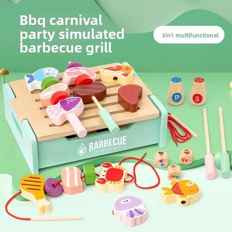 Wooden BBQ Toys Set Kitchen Pretend Play Toys Food Matching Game Children Role-playing Game Fine Motor Toys For Boys Girls