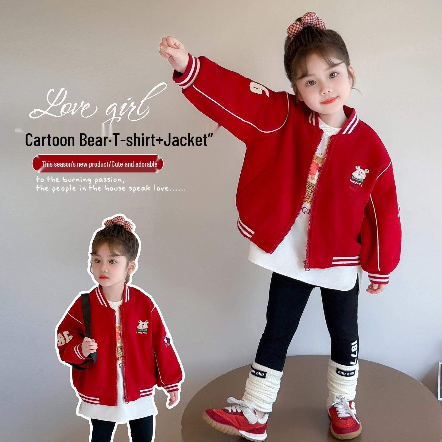 

2025 Новая осенняя куртка-бомбер принцессы для девочек: Топ в стиле инфлюенсера по-корейски 140 cm темно-красного