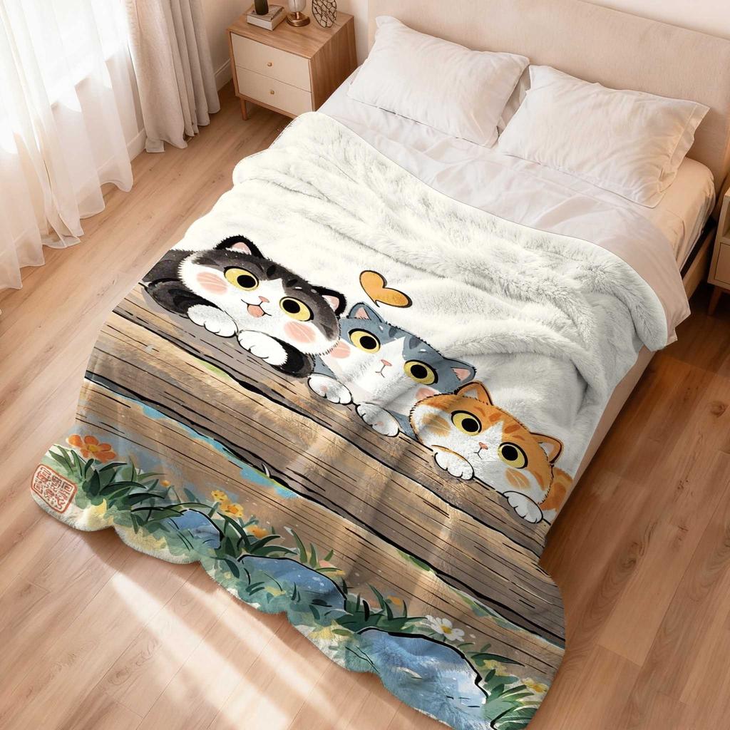 Cat Animal Art with Colorful Patterns Flannel Printed Blanket Suitable for All Seasons Suitable for Room Office Sofa and Travel