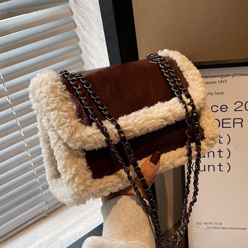Lamb Wool Splice Retro Chain Crossbody Bag Patent Leather Glossy High-End Texture Shoulder Bag Women New Portable Handbag