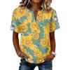 Damen Henley-Hals Knopfleiste Kurzarm Baumwolle Leinen Hemd mit Sonnenblumen-Print Lässige Lockere Passform Bluse Top
