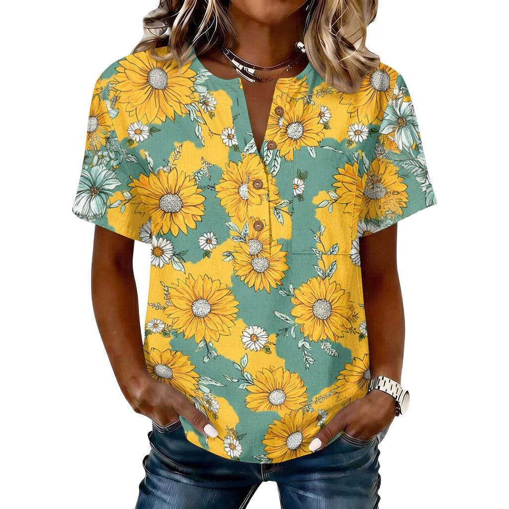 Damen Henley-Hals Knopfleiste Kurzarm Baumwolle Leinen Hemd mit Sonnenblumen-Print Lässige Lockere Passform Bluse Top