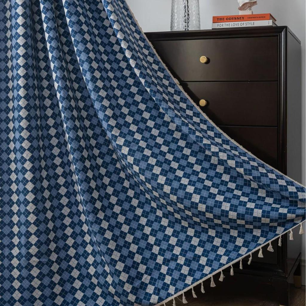 Yimanqiyun Blue French Grid Jacquard Semi-Blackout Bay Window Curtains