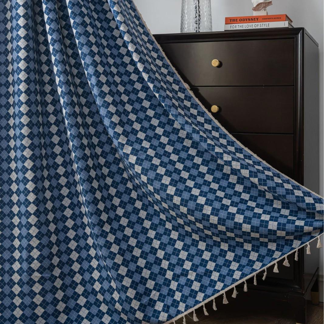 

Yimanqiyun Синие французские жаккардовые шторы в клетку с полузатемнением для эркерного окна 150-160 cm