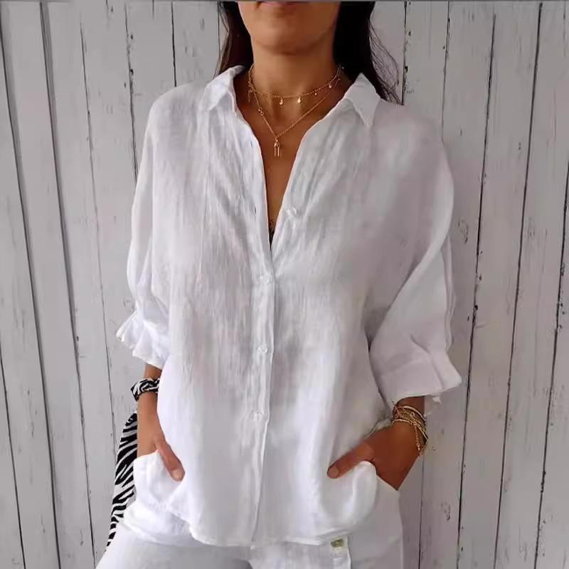 Women s Shirt Solid Color Long Sleeve Lapel Tie Back Cotton and Linen Shirt Clothes Sale S