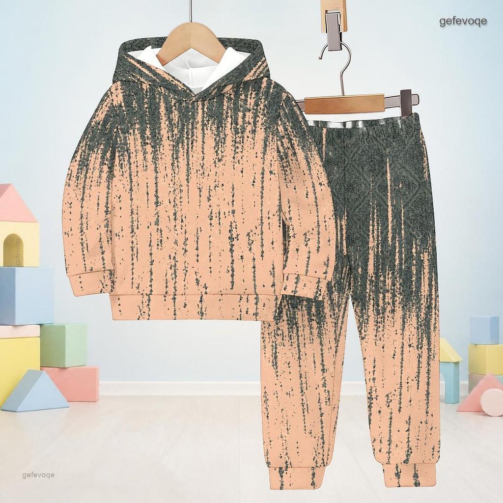 Boys Girls Abstract Printed Hooded Long Sleeve Sweatshirt Cuffed Pants Two Piece Set