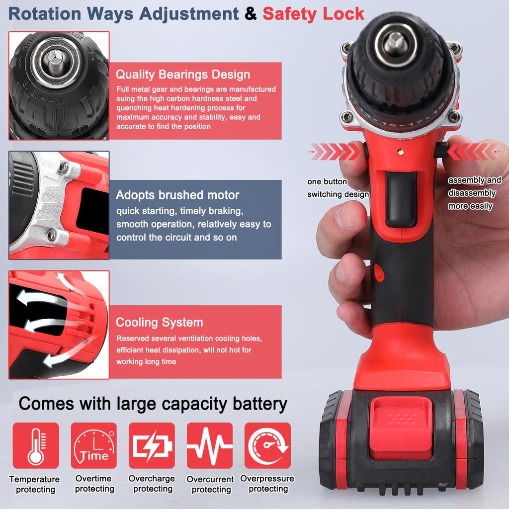 Household 3in1 Multifuctional Electric Drill Handheld Lithium Screwdriver 21V   Drill Brushed Motor 2 Speeds Control Stepless Speed Regulation Ro