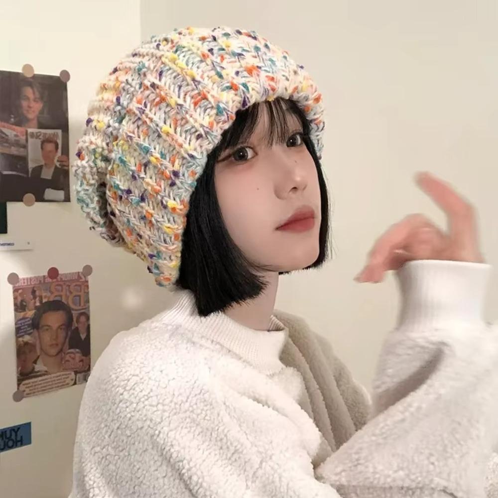 Keep Warm Beanie Hat Mixed Color Ear Protection Hat Trendy Knitted Hat  for Autumn & Winter