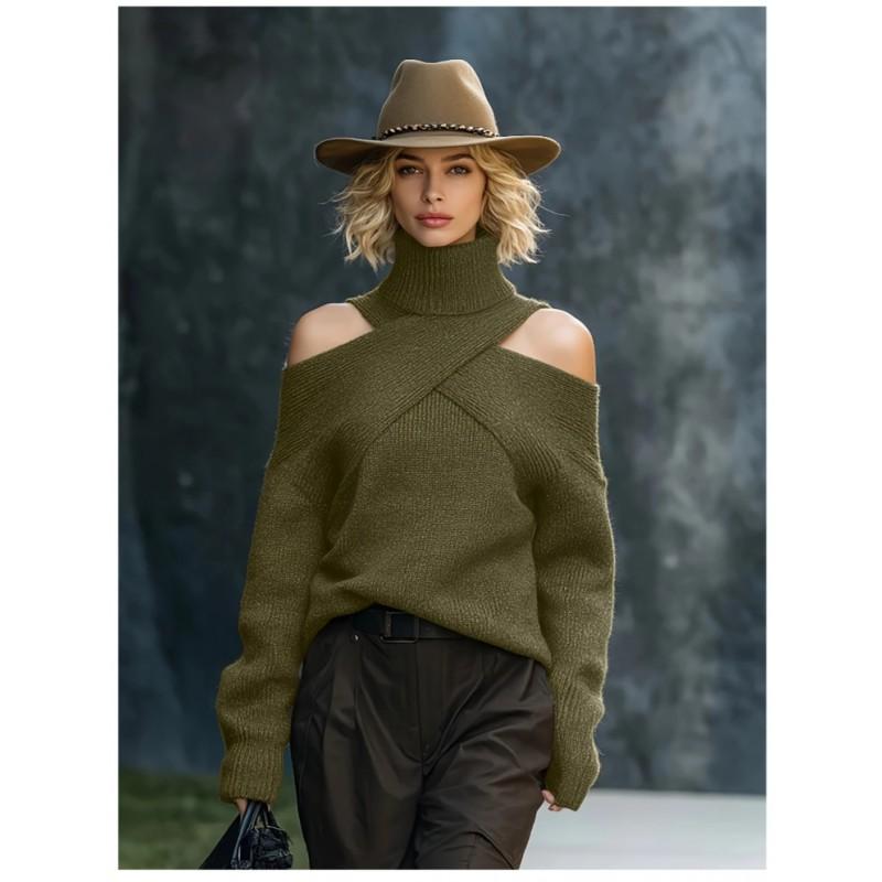 Womens Oversized Knit Sweater With Asymmetrical Cross-Shoulder Design High Neck Long Sleeve Loose Fit Top