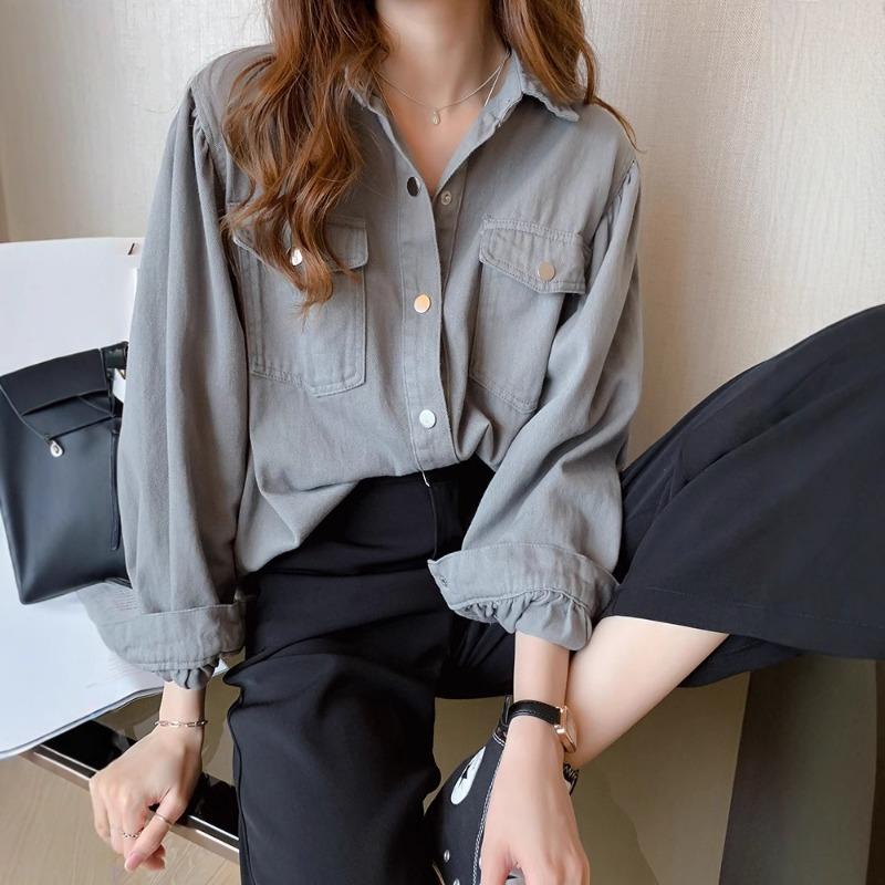 

Women s Oversize Shirt Baggy Long-Sleeve Casual Blouse with Pocket S сірий колір