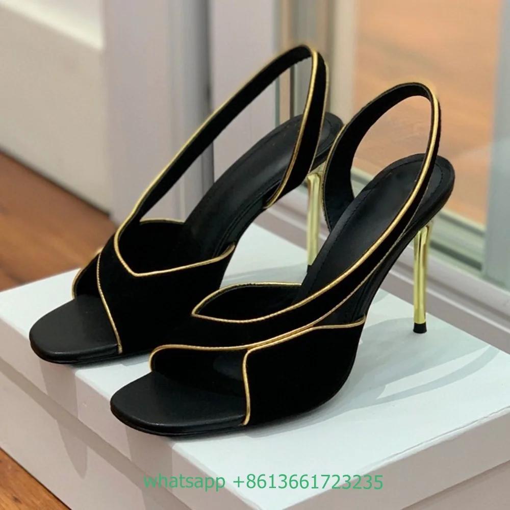 Meatl Stiletto High Heel Suede Mixed Color Splicing Sandals Slip On Women Sandals Slingback Catwalk Design Luxury Shoes