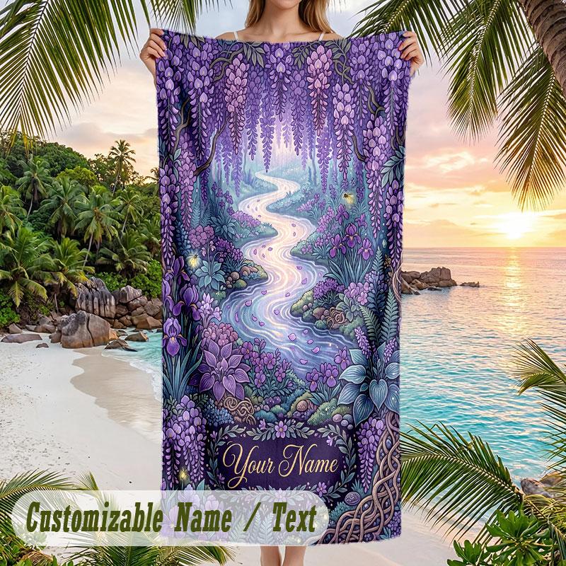 Purple Leopard Fashion Theme Quick Dry Beach Towel Custom Name Text Print Large Sand Resistant Towel Beach Vacation