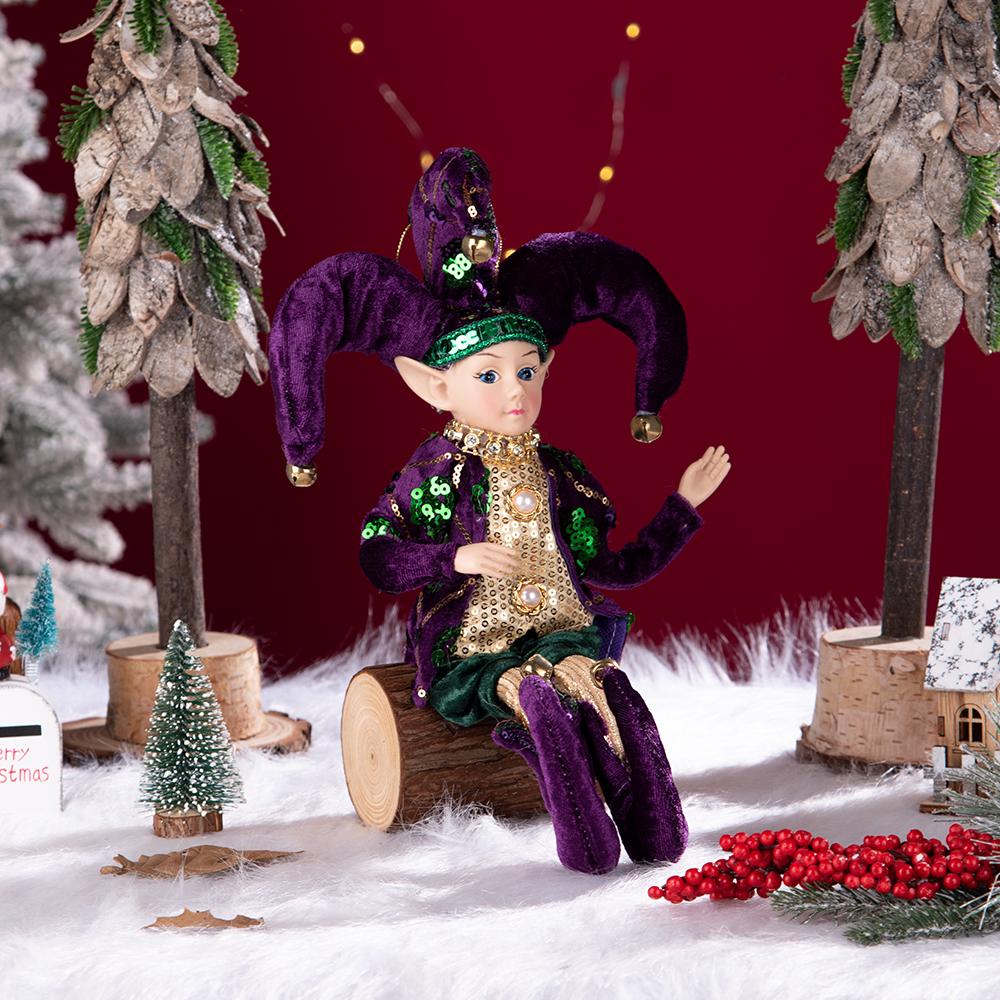 Purple-Green-Gold Sequin Christmas Elf Doll