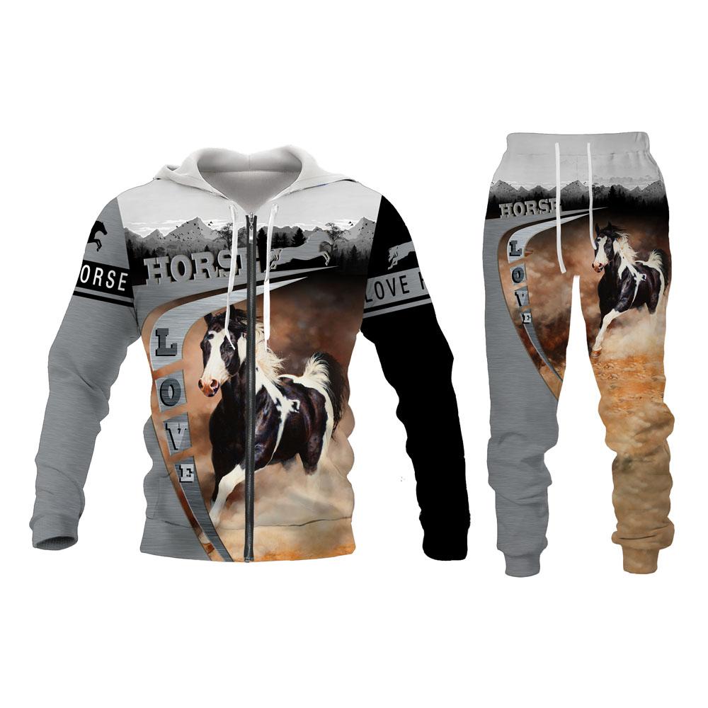 Kreslený kůň Animal 3D tepláková souprava s kapucí Muži Funny Streetwear Bunda s kapucí a zipem Soupravy s dlouhým rukávem
