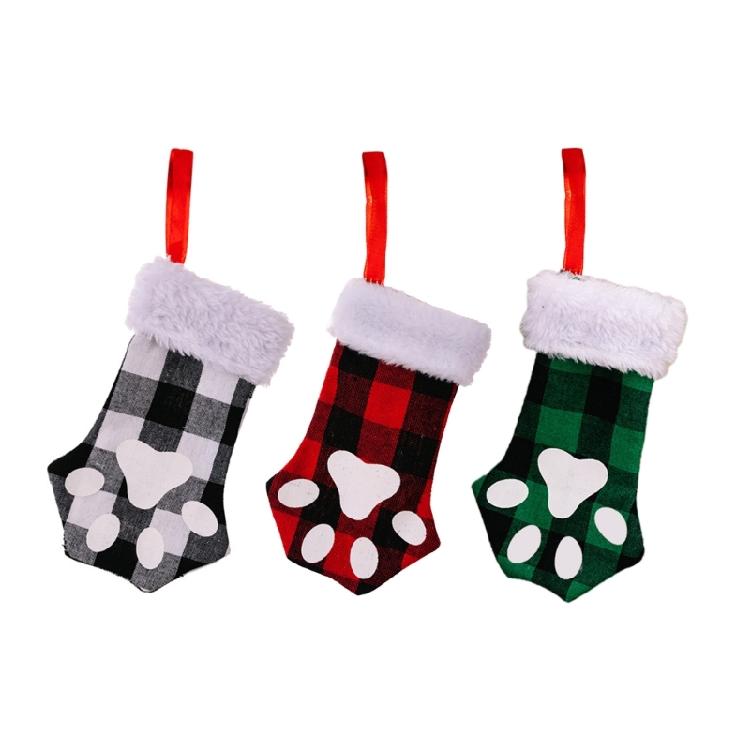 Christmas Cute for Cat Paw Plaid Tree Stocking Family Gather Party Decor