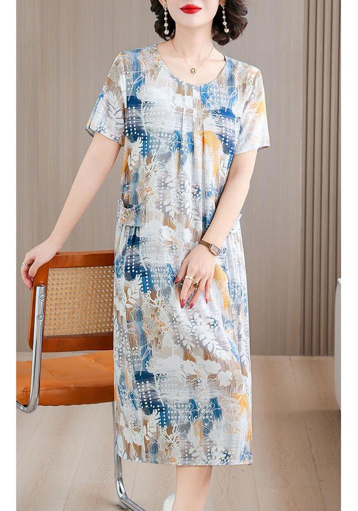 Plus Size Fresh Floral Print Summer Midi Dress - Loose, Pleated Design 2026