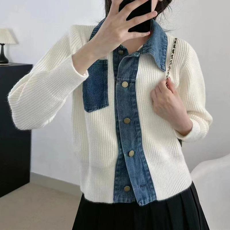 Autumn and winter PO collar short top women's fake two-piece denim collar splicing jacket knitted cardigan