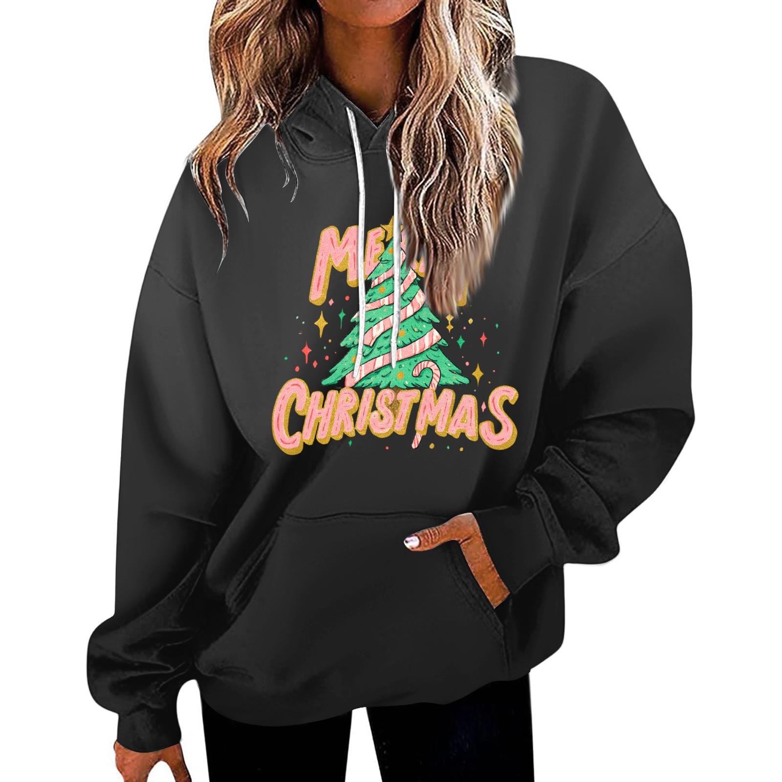Women s Casual Fashion Christmas Printed Letters Casual Hooded Sweatshirt With Pockets XXL