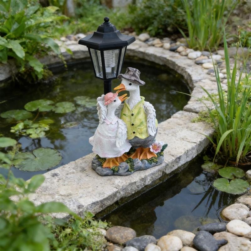 Elegant Solar Activated White Bird Garden Figure Featuring Traditional Street Light For Outside Enhancement Durable Against Different Climate