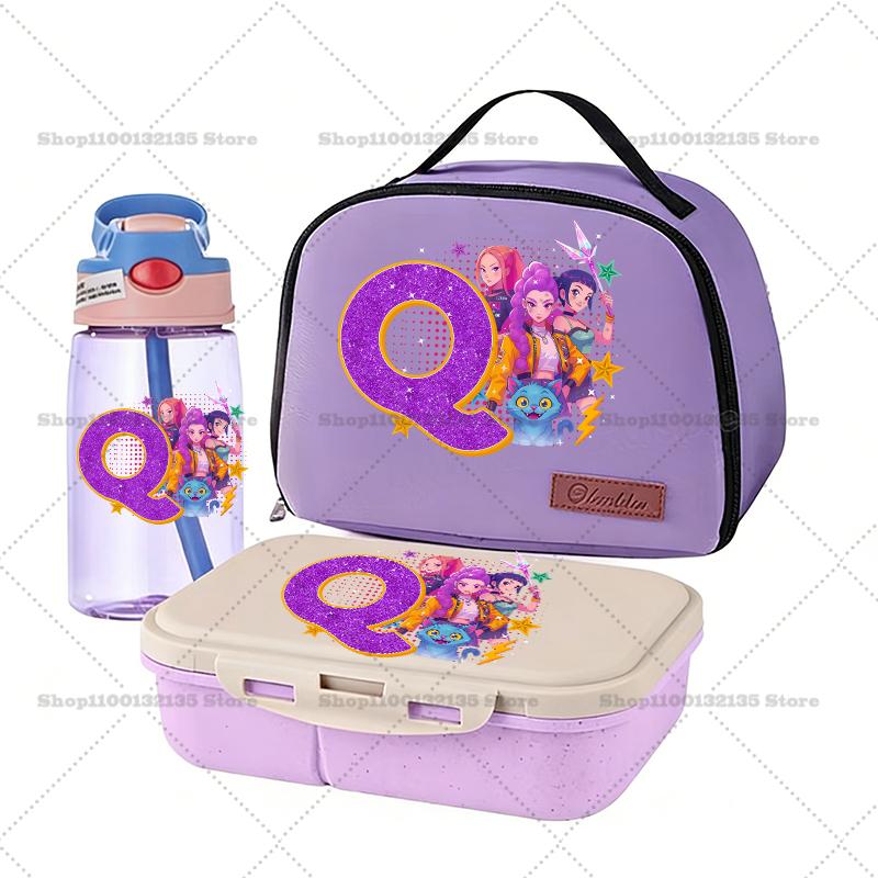 Kpop Dämonenjäger Bento-Box+Lunchtasche+Wasserflasche 3er-Set RUMI ZOEY Cartoon Schüler Schulsachen Lebensmittelbehälter Trinkgeschirr