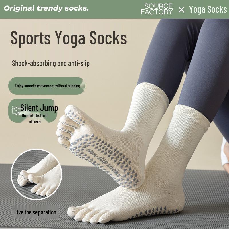 Professional Non-Slip Five-Finger Yoga Socks for Pilates, Aerobics, Indoor Sports, and Fitness - Sweat-Absorbent, Breathable, Mid-Calf Floor Socks.
