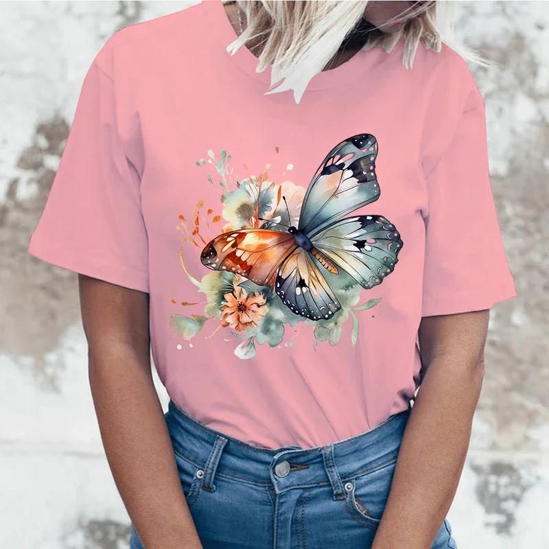 High quality  Flowers Butterfly Printing cottonn Fashion Short Sleeve Summer Cool Hip Hop Top woman