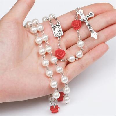 6MM Glasperlen Rosenkranz Halskette für Frauen Kruzifix Kreuz INRI Anhänger Lange Rote Rosenkette Choker Weiblicher Religiöser Gebetsschmuck