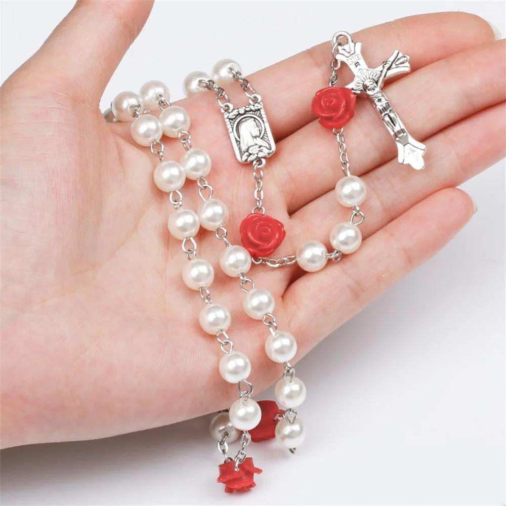 6MM Glass Beads Rosary Necklace For Women Crucifix Cross INRI Pendant Long Red Rose Chain Choker Female Religious Prayer Jewelry
