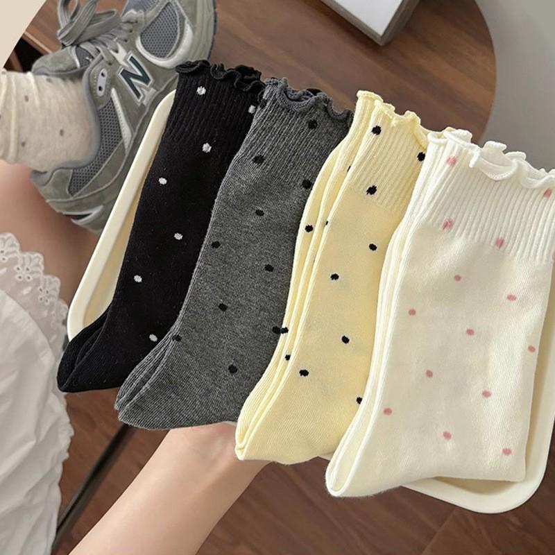 Women's Japanese Style Mid-Calf Cotton Lace Socks, Ruffle Edge, Polka Dot, Versatile for Spring to Autumn