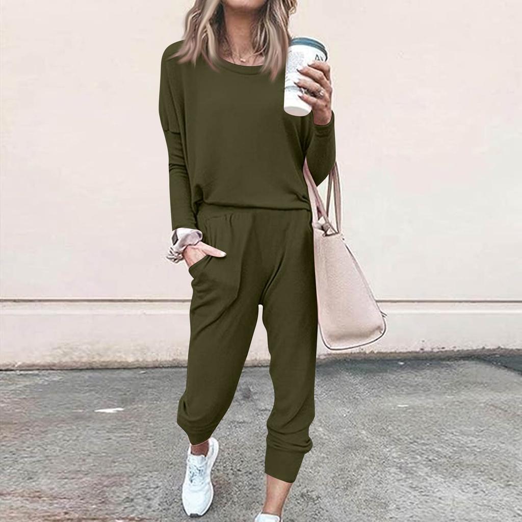 Sets For Women 2 Piece Round Neck Long Sleeve Shirts Colid Sweatpants Pocket Sets