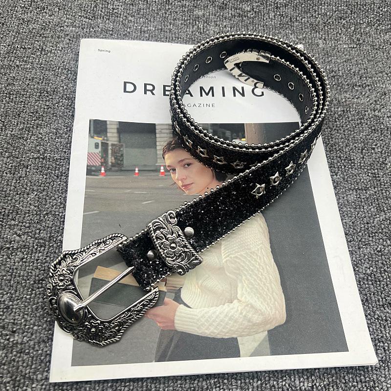 Hollow Star Sequin Pattern Belt Women's Black Belt Design Belt