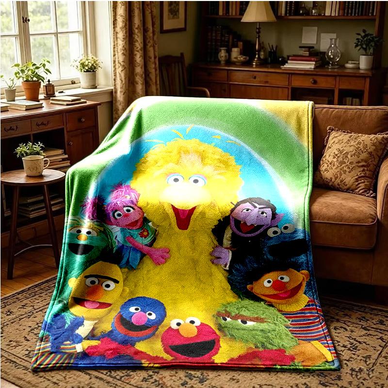Colorful Sesame Muppets Together Throws Blanket Flannel Blankets Plush for Couch Bed Gifts for Men Women Travel picnic blanket Christmas fan gifts