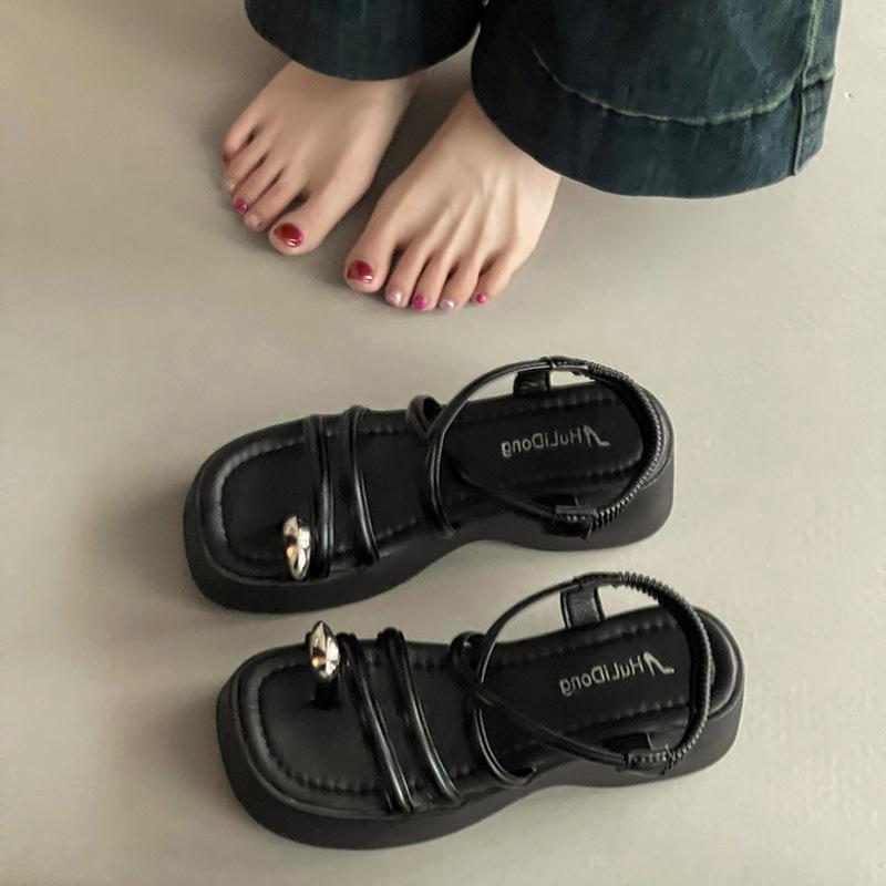 Stylish Retro Simple Strap Rhinestone Cover Toe Slope Heel Slippers Women's Summer Casual Thick Sole with Skirt Sandals