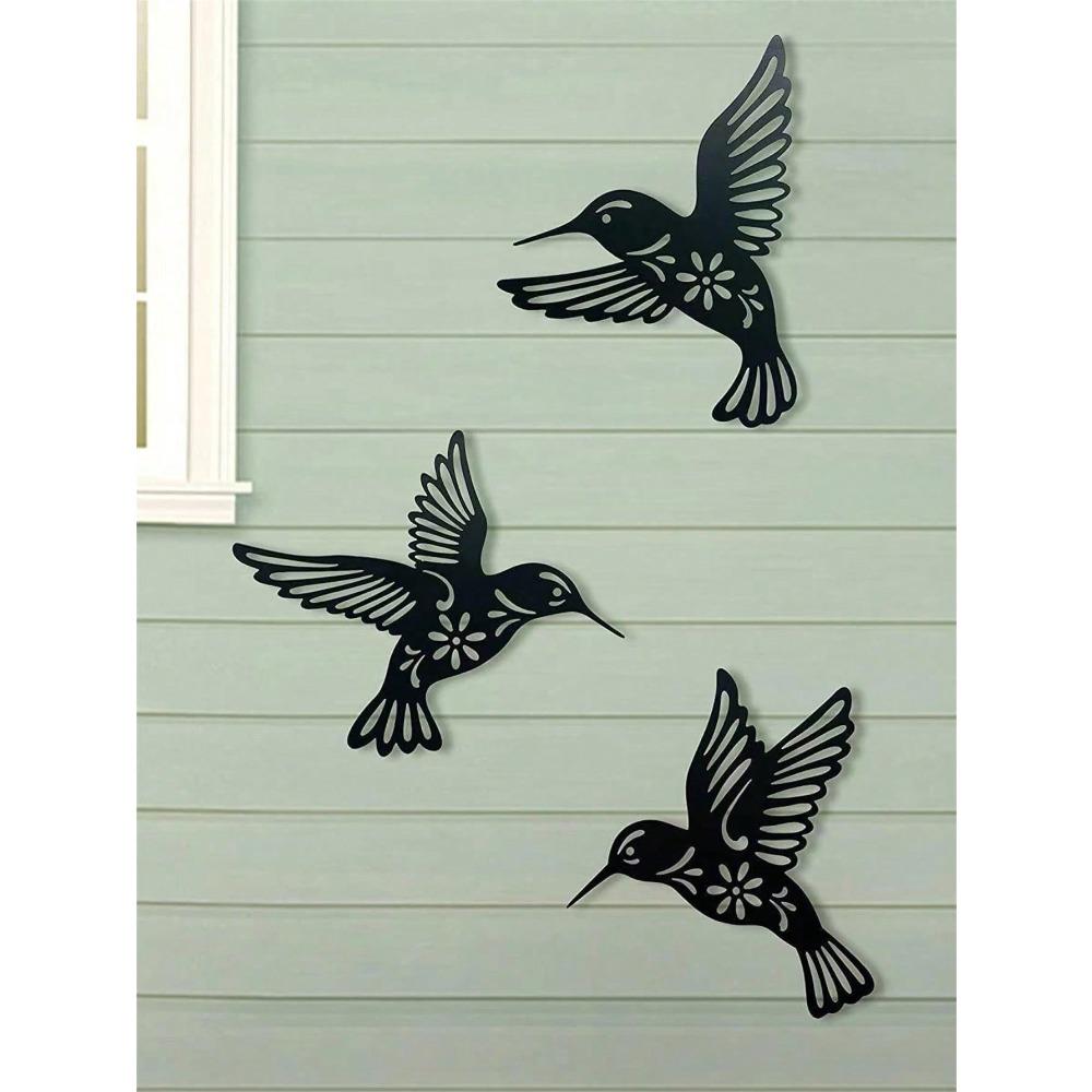 3 Black Metal Hummingbird Wall Decor Set 25cm Cutout Garden Art Indoor Outdoor Hanging Ornaments for Living Room Bedroom Office