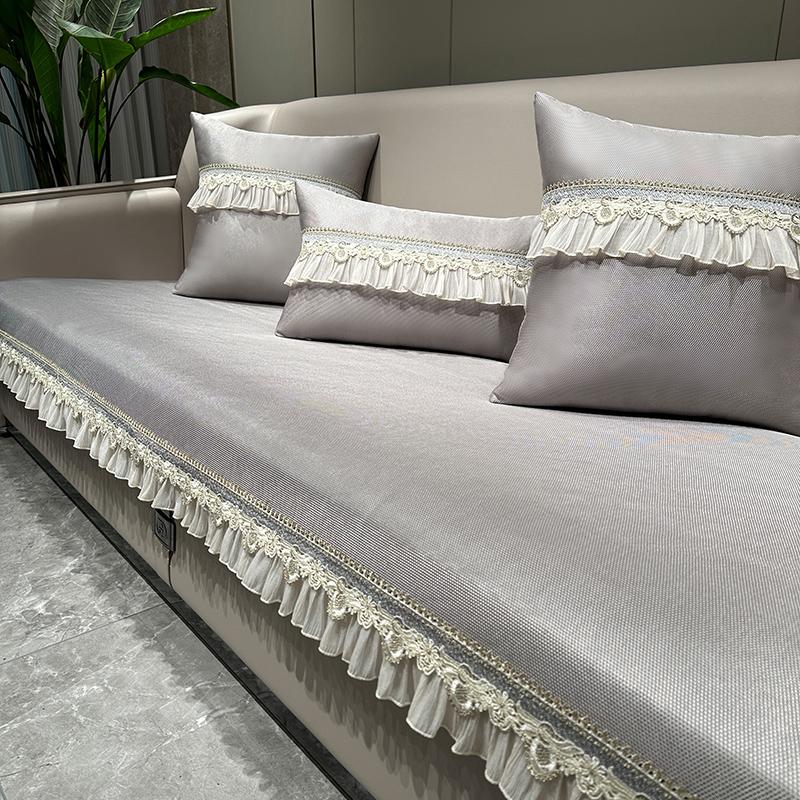 

Летний чехол для дивана из ткани Ice Silk, украшение для гостиной, кружевной подолов, подушка для дивана, противоскользящий чехол, пригодный для машинной стирки, домашний декор 70x70cm 1pc серый