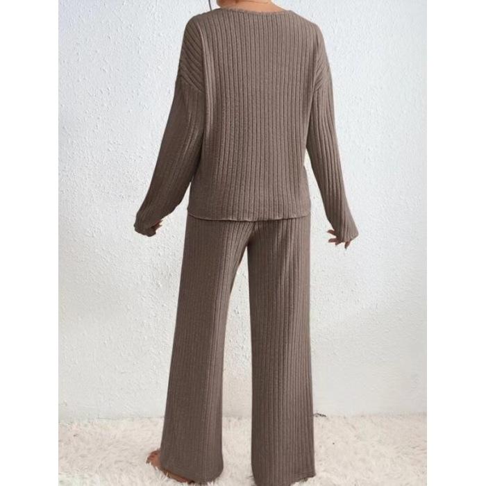 Women's Set of Loose Casual Long-sleeved V-neck Pit Striped Brushed Top and Trousers 2-piece Set