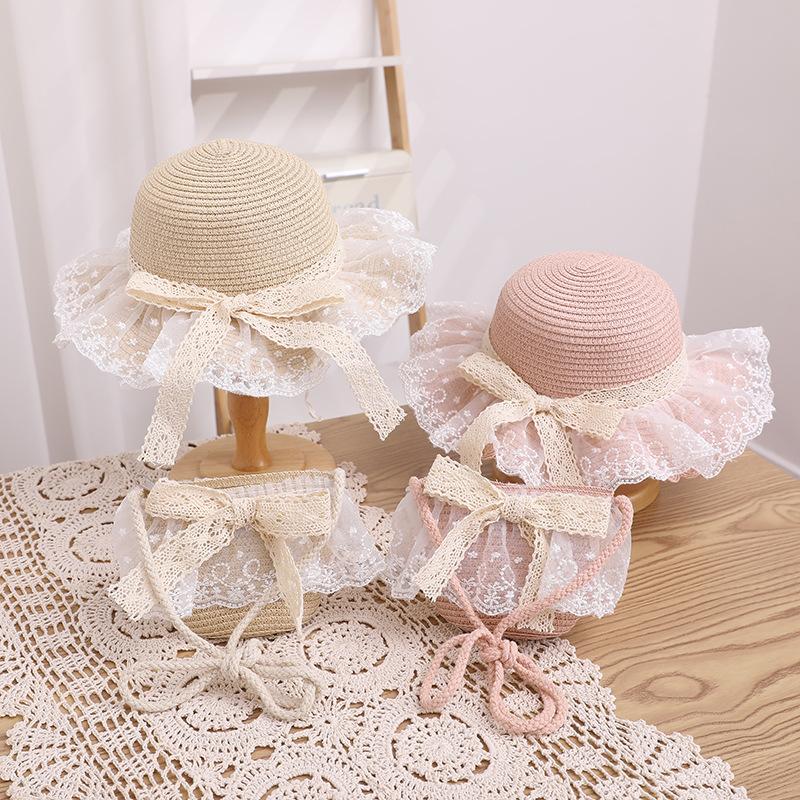 New children's straw hat, girls' summer eaves lace edge straw, breathable streamer bow sunscreen visor