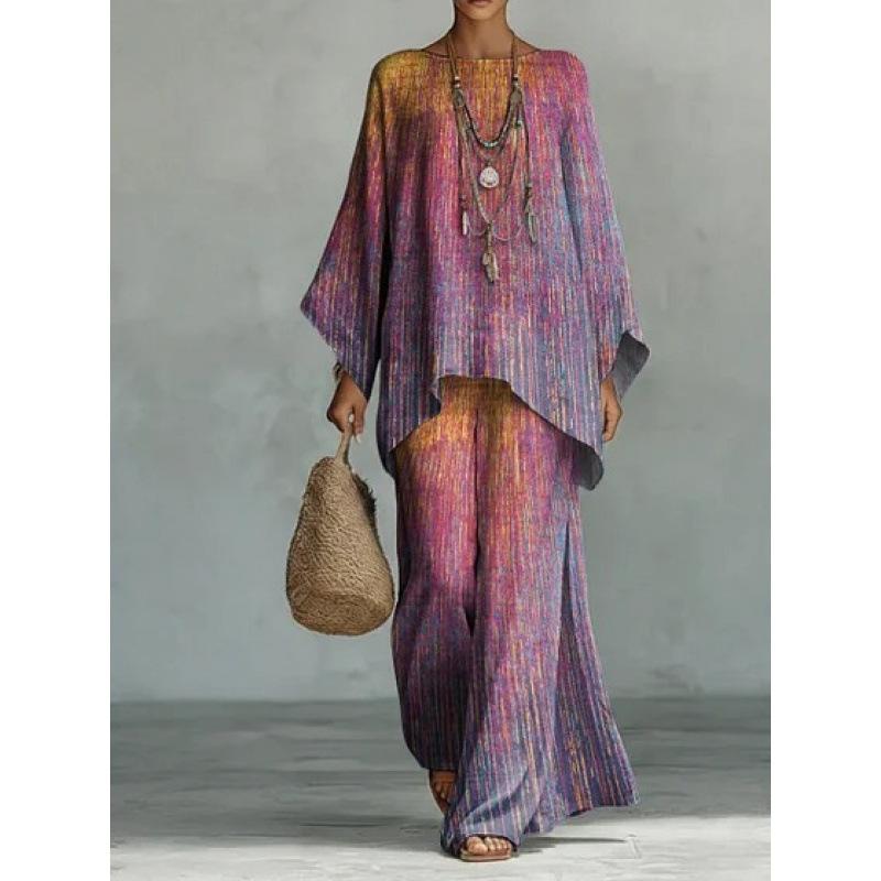 16 European and American artistic sense abstract graffiti set, round neck bat sleeve top + wide-leg pants loose two-piece set