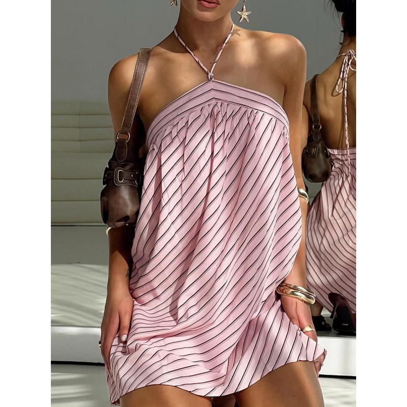 

European and American hot girls wear women s clothing, striped neck halter dress, sweet girl style vacation style seaside wear women XS розовый