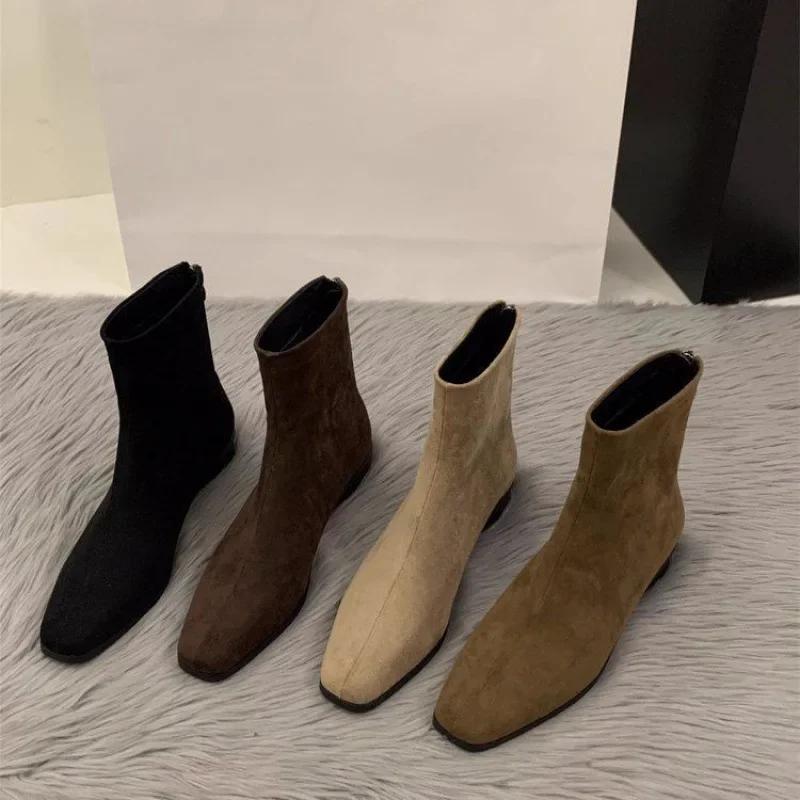 Fall Winter Women's French Style Short Boots Trendy Slim Fit Chunky Heel Versatile Adult Square Toe Rubber Bottom Ankle Boots