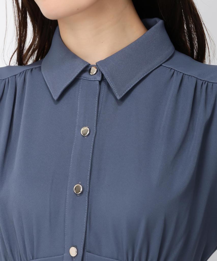 Mishmash MM447415 BLUE Shirt Dress with Front Waist Puff Long Simple Design Women's Buttons, Opening, Belt, Sleeves, Length, Basic,