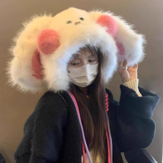 Winter Hat Rabbit Ear Decor Lace-up Elastic Warm Hat Winter Thickened Plush Windproof Lei Feng Hat Cold Weather Hat