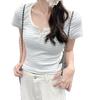 Korean Contrasting Stripes Front Shoulder Short-sleeved T-shirt Women's Summer Niche Design Sense Slim Fit Small Versatile Top Ins