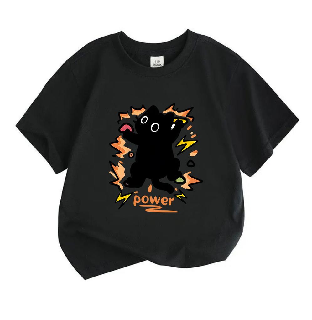 Kids Boys Girls 100% Cotton Crew Neck Short Sleeve T-Shirt, Cute Black Cat Power Lightning Explosion Pattern Casual Soft Summer Tee for Children Daily