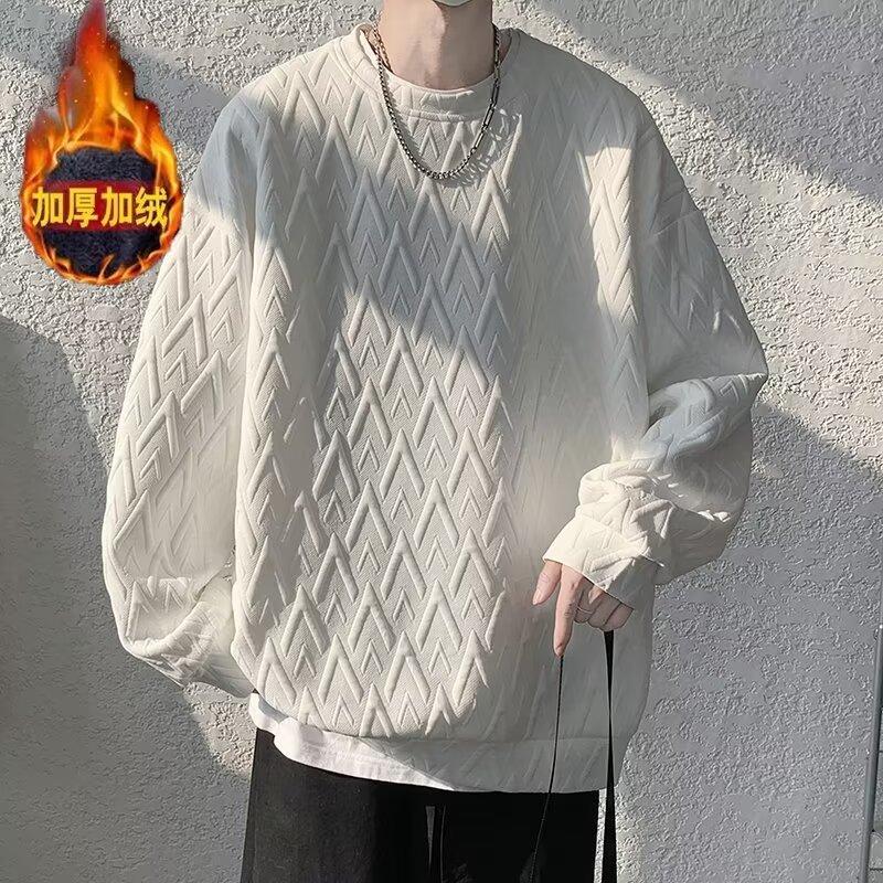 Crew Neck Jacquard Sweater Men's Long-sleeved T-shirt Spring and Autumn American Loose Casual Men's Clothing Without Hat and Bottoming Shirt