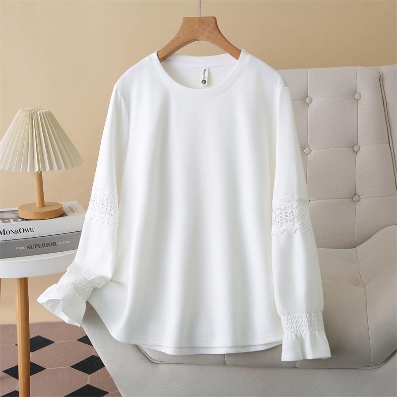 

2026 Spring Plus Size Women s Lace Patchwork Hoodie - Long Sleeve Ruffled Cotton Top for 200 Jin XL білий