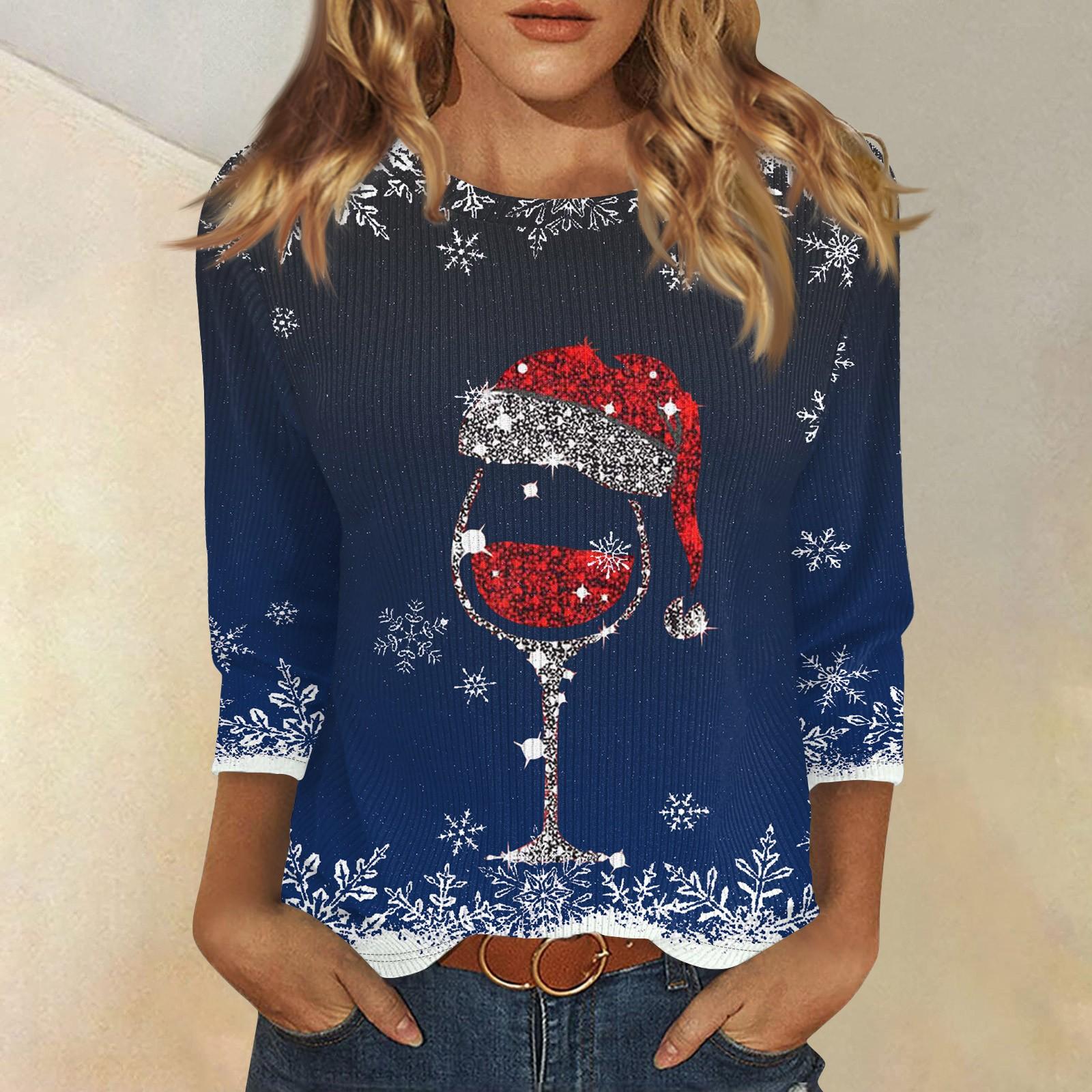 

Женская мода и зима повседневная круглая горловина матовая рубчатая рождественская печать футболка рукав три четверти женская одежда S