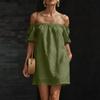 Damen Schulterfreies Kurzarm Lockeres Baumwoll-Leinen-Kleid Lässiges Pullover-Design mit Entspanntem und Bequemem Stoff